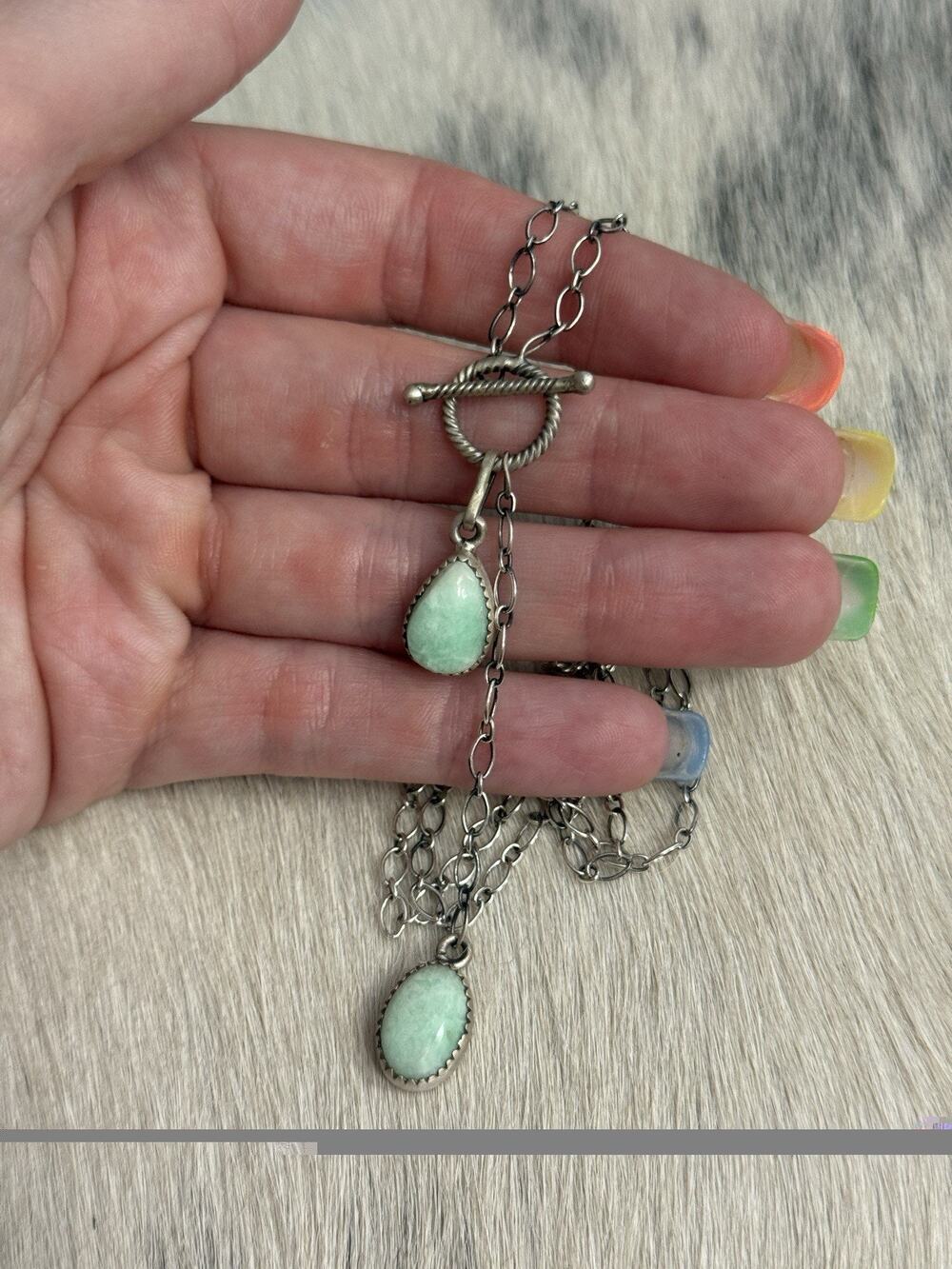 Sterling Silver Green Paloma Turquoise Double Dangle Lariat Toggle Necklace